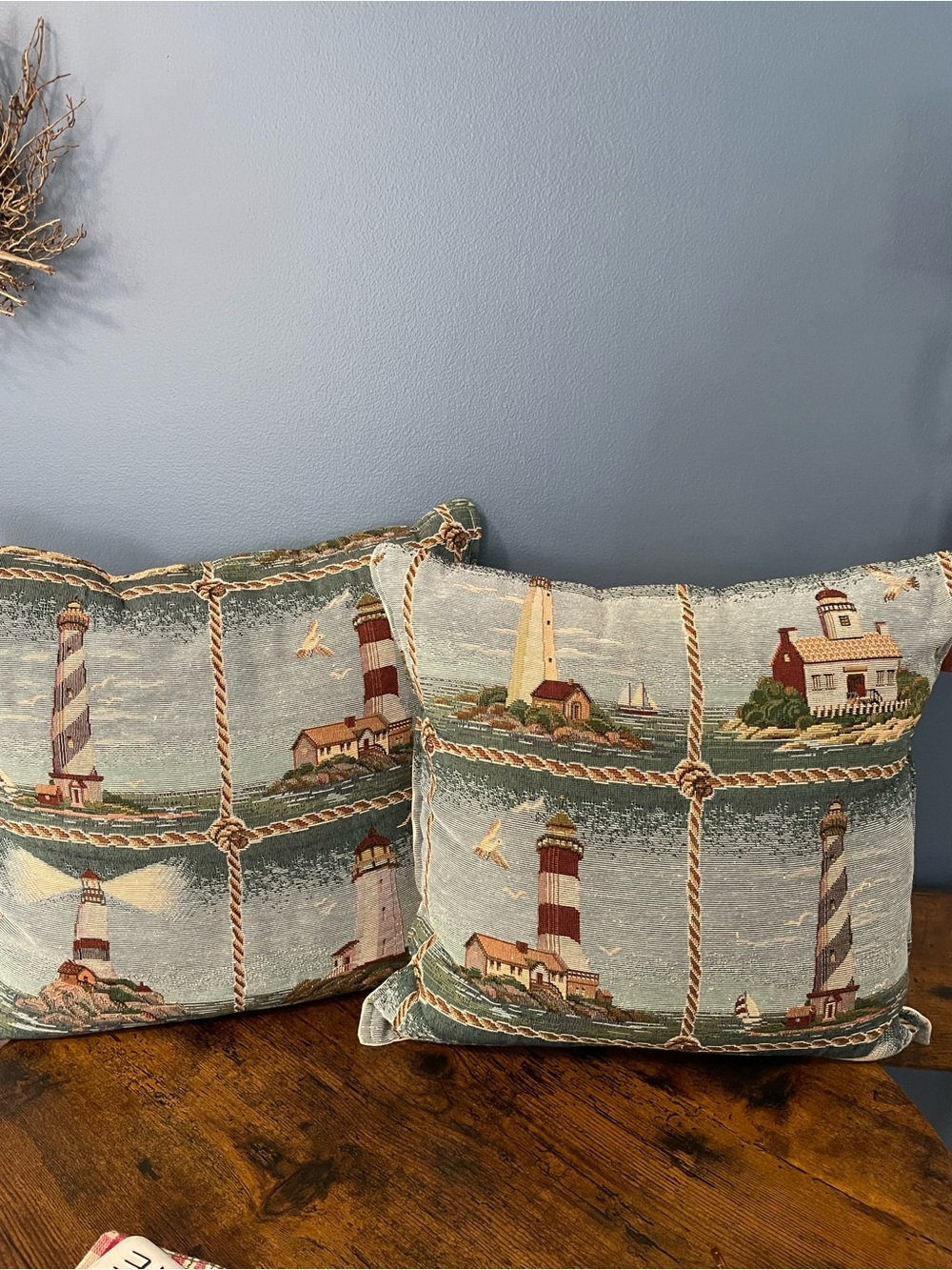 Source Unknown Nautical Lighthouse Tapestry Throw Pillows in Seafoam and Red